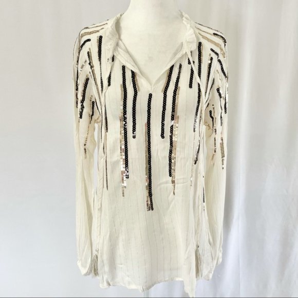 New Free The Roses Sequin Striped Tassel Tie Peasant Top Ivory Black Gold Medium - Picture 12 of 16